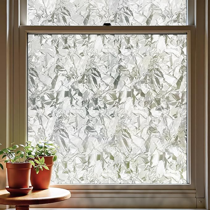 Window Privacy Film, Removable Static Cling, Stained Glass Decorative Window Film, Vinyl Covering for Home Kitchen Living Room, Brash ice, 17.3" x 78.7"