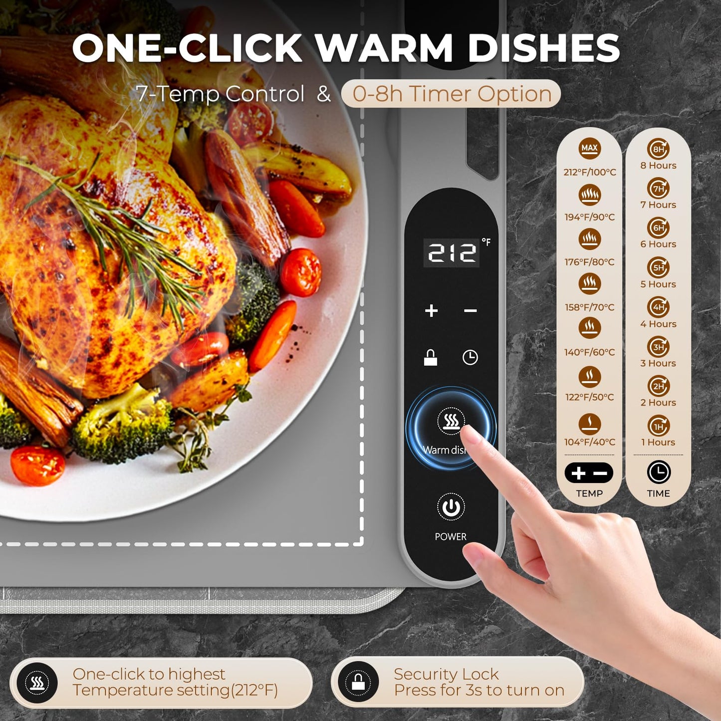 Homelove Warming Mat for Food - Fast Full Surface Electric Warming Tray with 7 Temp-Settings & 8H Timer, Portable Roll Up Food Warmer with Heat Insulation Pad for Gatherings Parties Buffet XXL-Grey