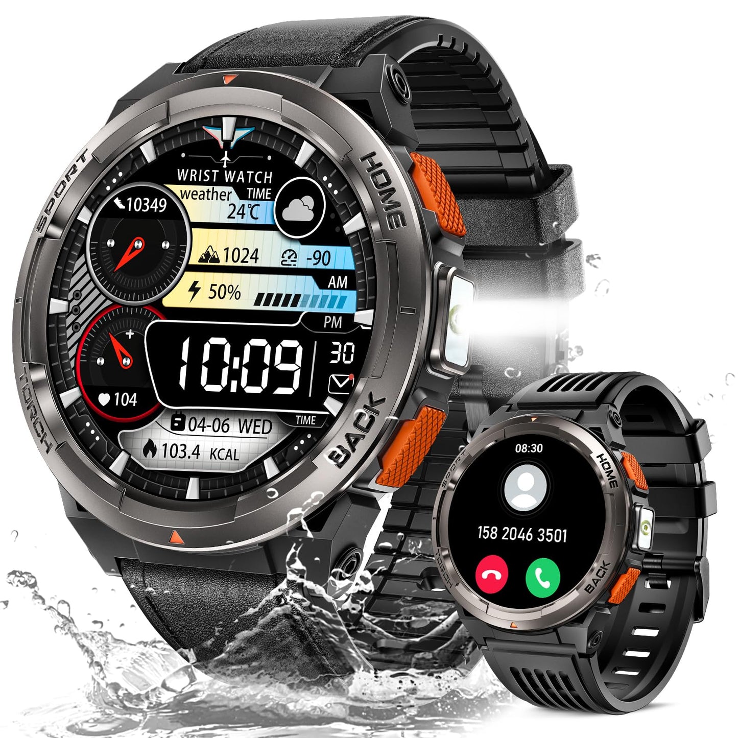 Ke5 Military Smart Watch For Men With Flashlight Sos 3Atm Waterproof Watch 530Mah Big Battery 1.45  Rugged Tactical Smartwatch W
