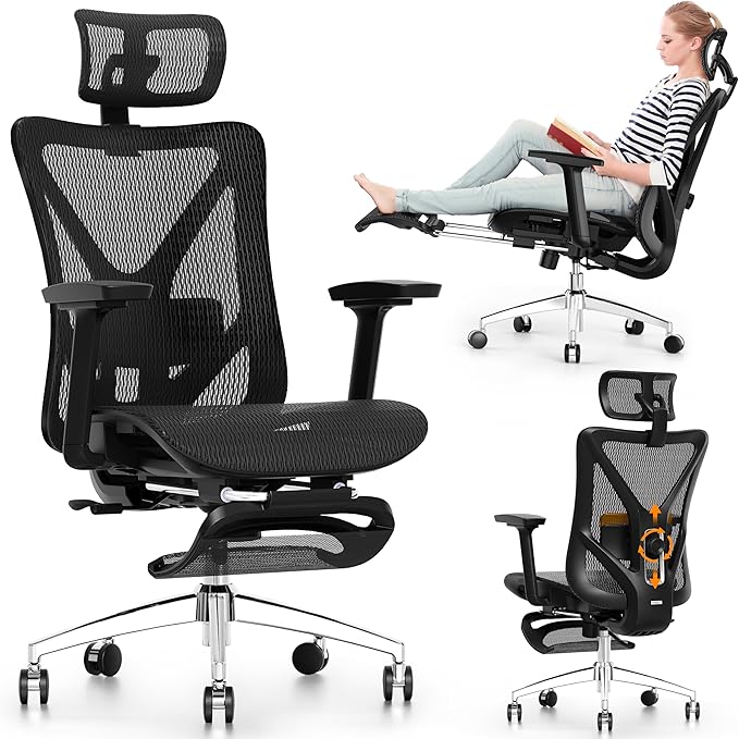 GABRYLLY Ergonomic Office Chair with Footrest, 135° Reclining Desk Chair with Adjustable Lumbar Support,3D Armrest,Headres...