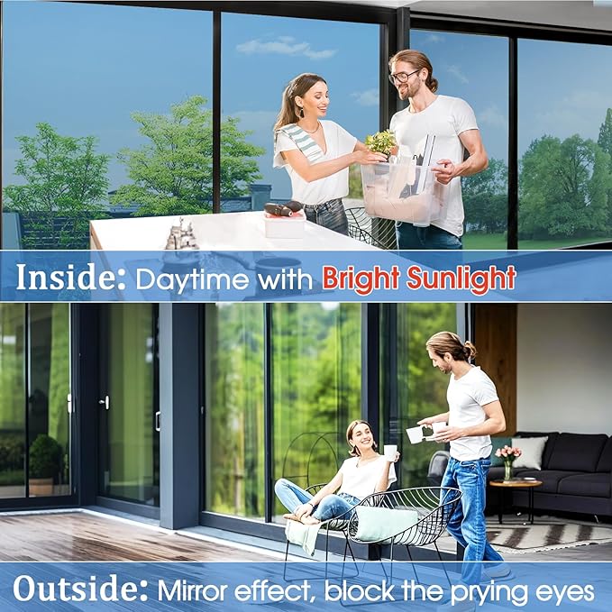Coavas One Way Privacy Window Film,Daytime Window Tint for Home, Reflective Mirror Glass Window Film See Out Not in,Heat UV Blocking Anti-Glare Window Covers with 3 Tools, 17.5 x 118.1 Inch, Blue