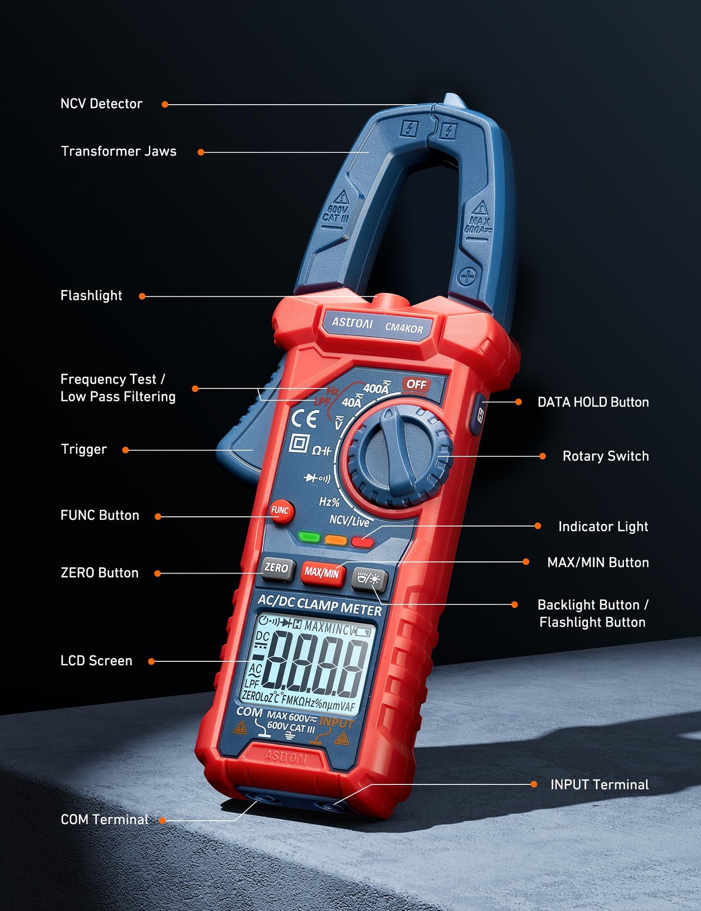 AstroAI Digital Clamp Meter Multimeter 4000 Counts Auto-ranging Amp Tester Measuring AC/DC Voltage & Current, Resistance, Capacitance, Frequency, Continuity, Live Wire Test, NCV Detection, Blue