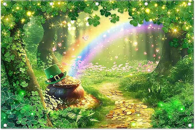 ZTHMOE Fabric 12x8ft St. Patrick's Day Photography Backdrop Spring Forest Rainbow Shamrock Gold Coins Background Festival ...