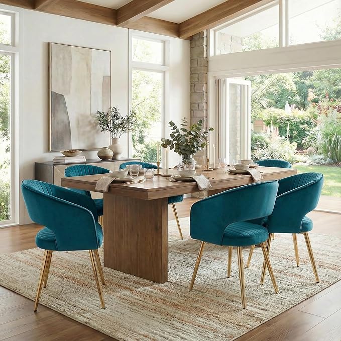 COMULER Teal Velvet Dining Chairs Gold Legs, Modern Dining Room Chairs with Arms Set of 6 Upholstered Accent Chair Armchair with Barrel Back for Kitchen Living Room