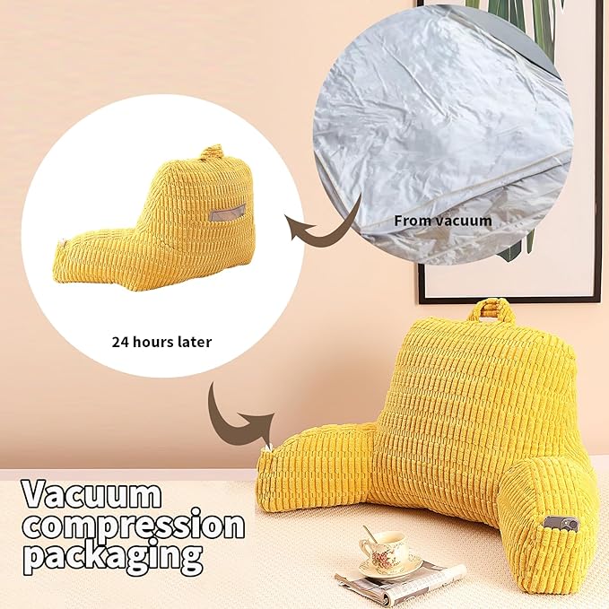 PAJEO Reading Pillow for Sitting in Bed, Large Backrest Reading Pillow with Arm Rest,Back-Rest Support Cushion for Sit Up on Couch, Sofa, and Floor, Dorm Essentials (Yellow Corduroy, Standard(17"))