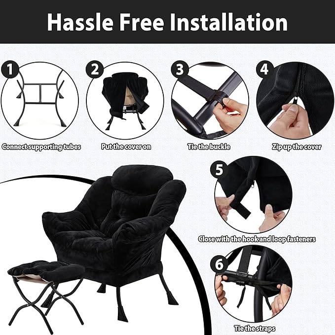 Youtanic Lazy Chair with Folding Ottoman, Accent Chair Plush Upholstered with Metal Structure and Non-Slip Pads, Sofa Armchair with Footrest and Side Storage Bag for Dorm, Room, Office, Black