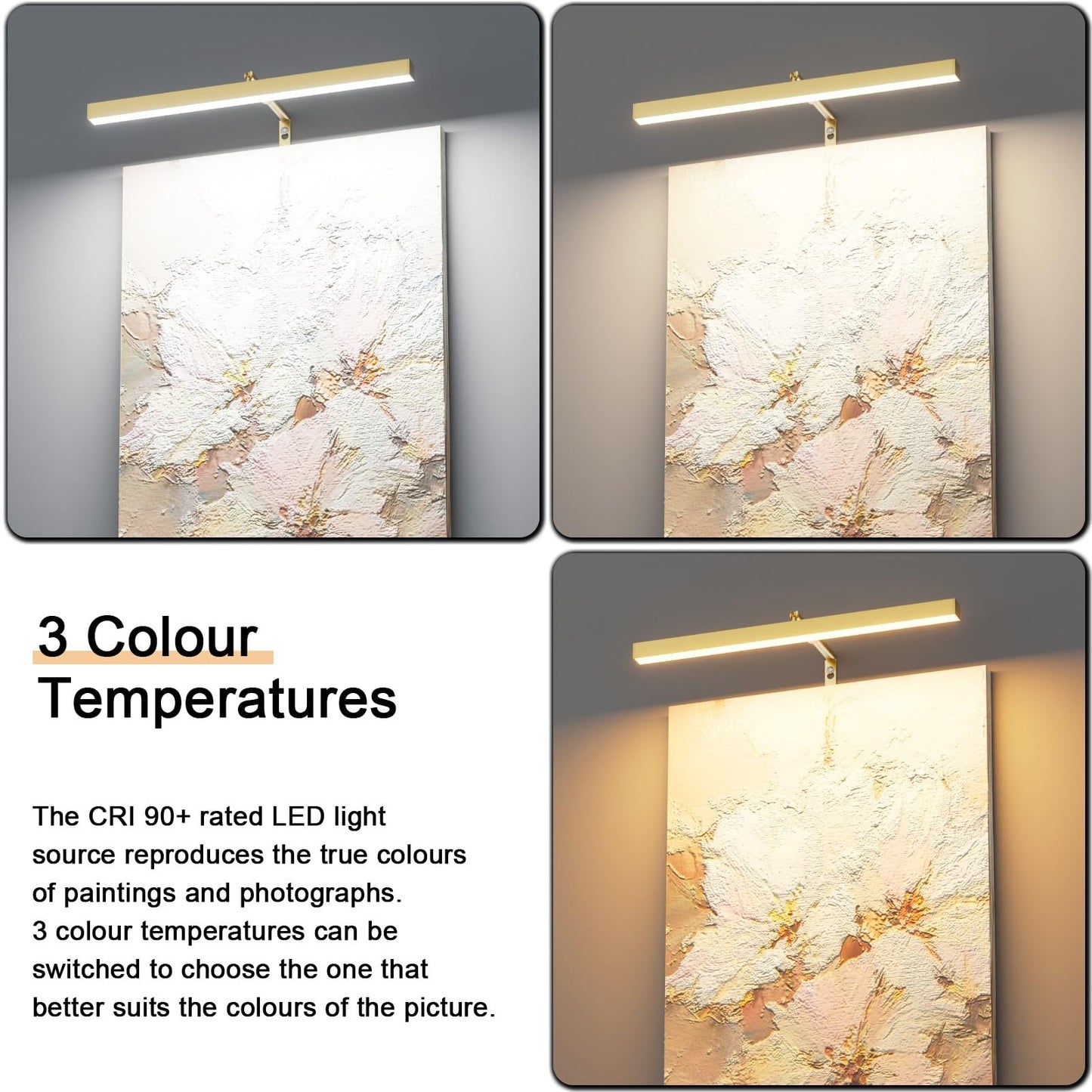 Coinmit Plug in Picture Lights for Wall, 16 inch Dimmable LED Art Light with Remote, 3 Colour Temperature Gallery Painting Wall Light for Picture Display Dartboard Art Work (Gold)