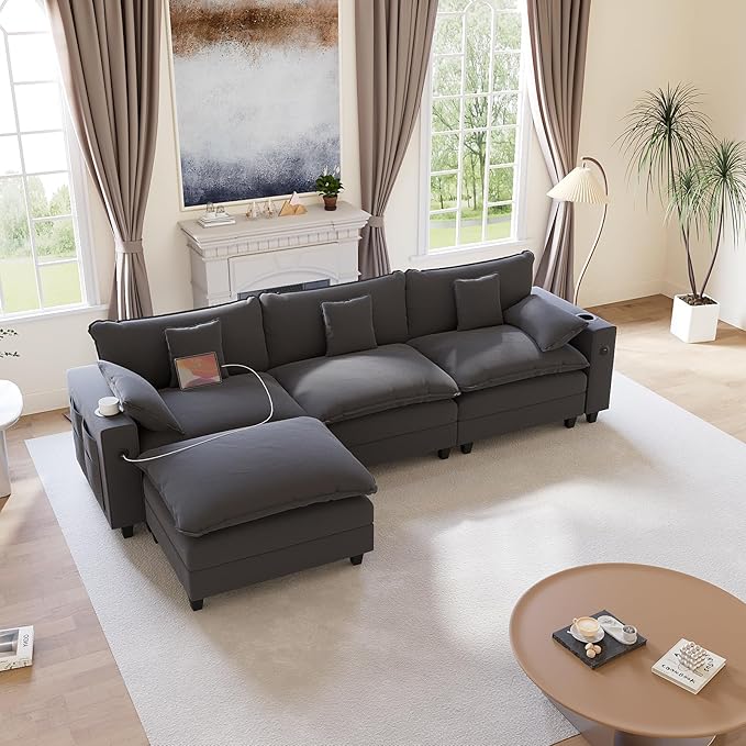 KCGKCG 116" Modular Sectional Sofa, L Shaped Cloud Couch with Movable Ottoman, Chenille Deep Seat Cloud Sofa with Charging Station, Cup Holder, Side Pocket, Sectional Couches for Living Room, Grey