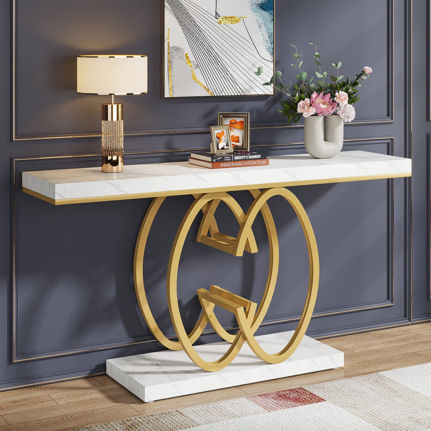 Tribesigns 55 Inch Console Table for Hallway, Faux Marble Gold Entryway Table with Geometric Metal Base, Modern Narrow Sofa Accent Table for Entrance, Living Room, Foyer (White & Gold)