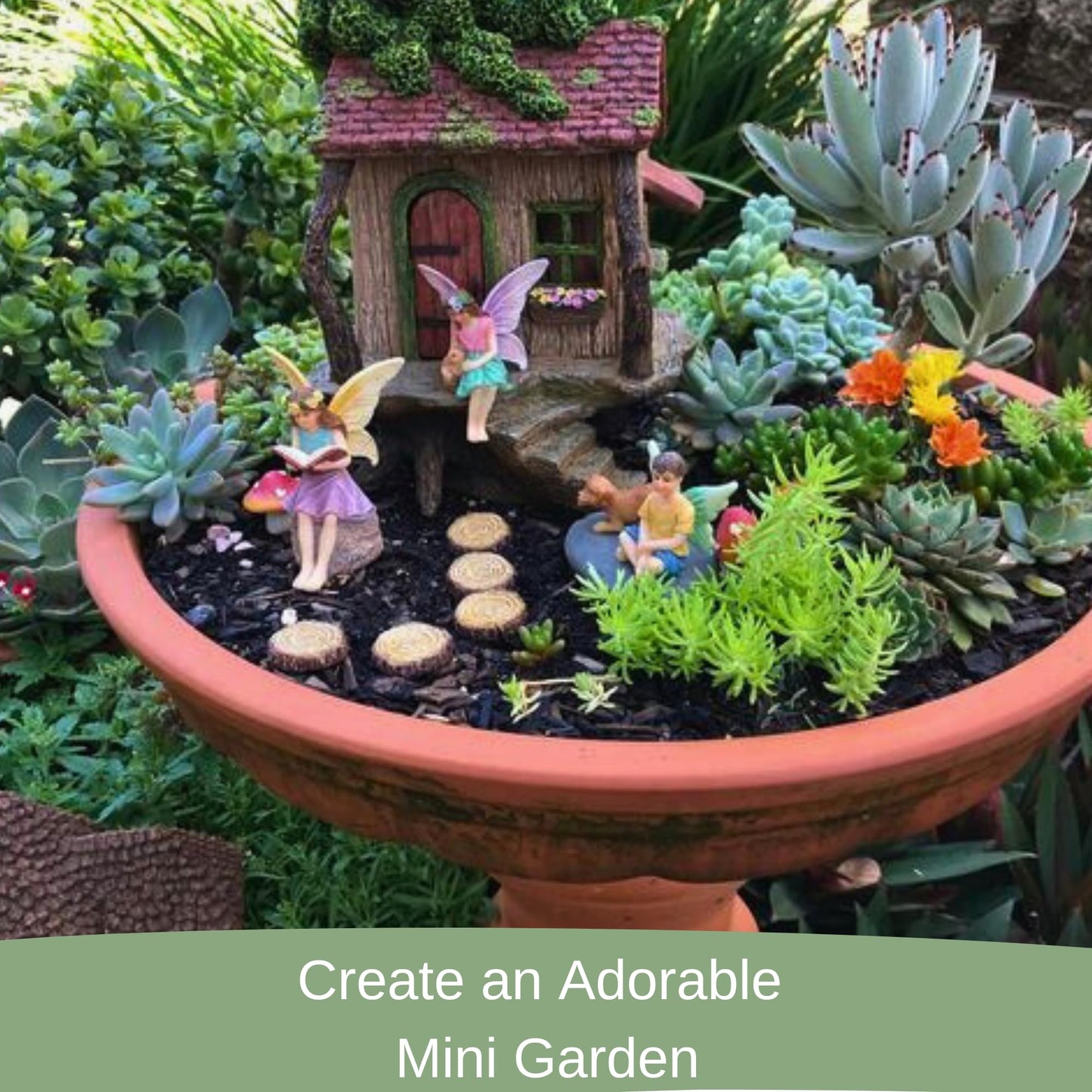 PRETMANNS Fairy Garden House Kit – Complete with Accessories, House 9” High with Door That Opens & Fairies for Outdoor Gardens – 4 Pieces
