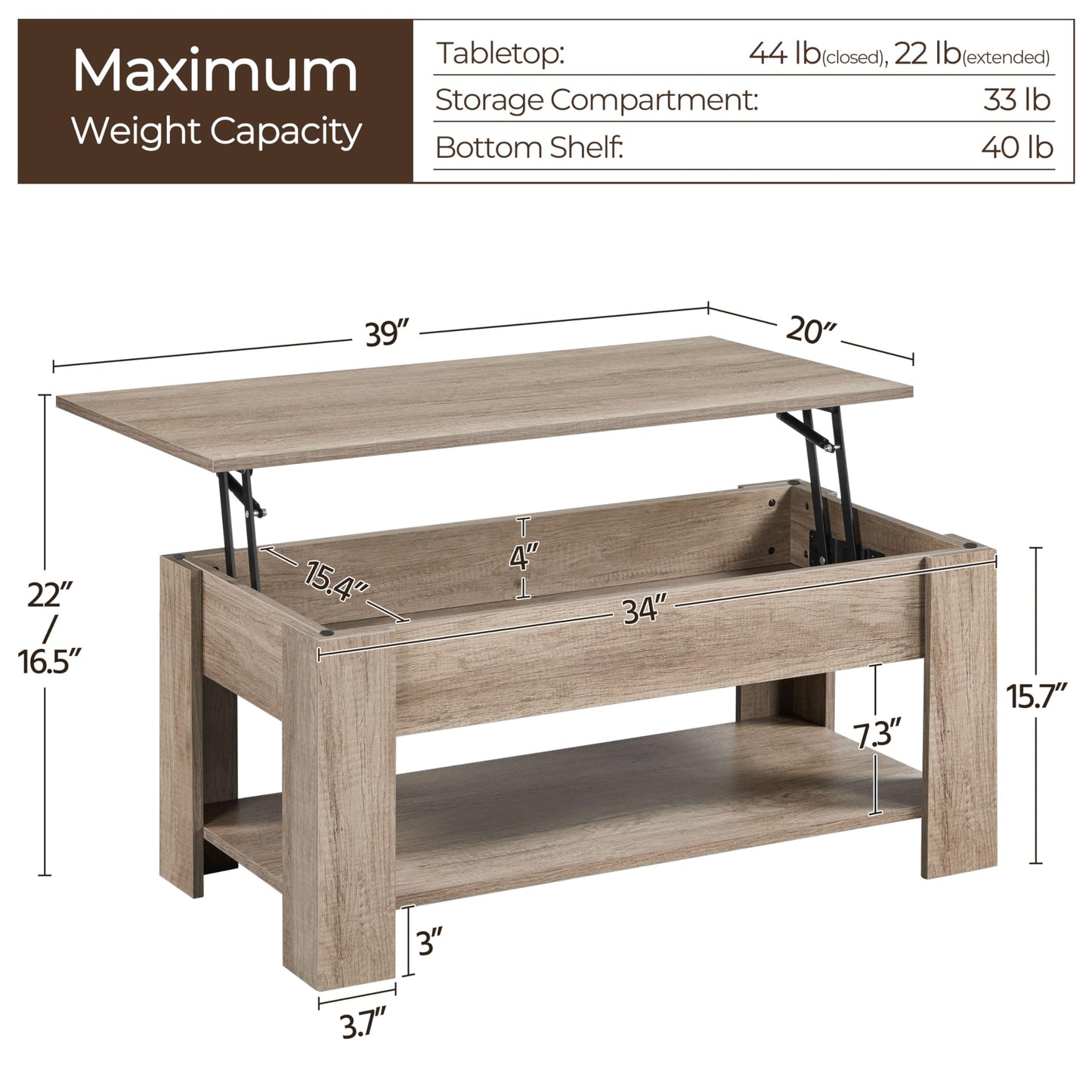 Yaheetech Lift Top Coffee Table with Hidden Compartment and Storage Shelf, Rising Tabletop Dining Table for Living Room Reception Room, 38.6in L, Grey