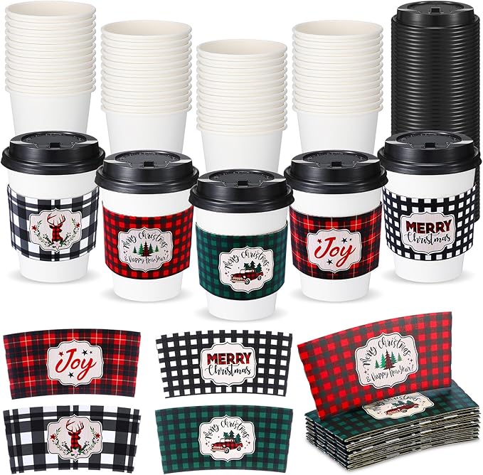 Yungyan 50 Pack 12 oz Christmas Disposable Coffee Cups with Lids and Sleeves Paper Hot Chocolate Cups Cocoa Bar Supplies f...