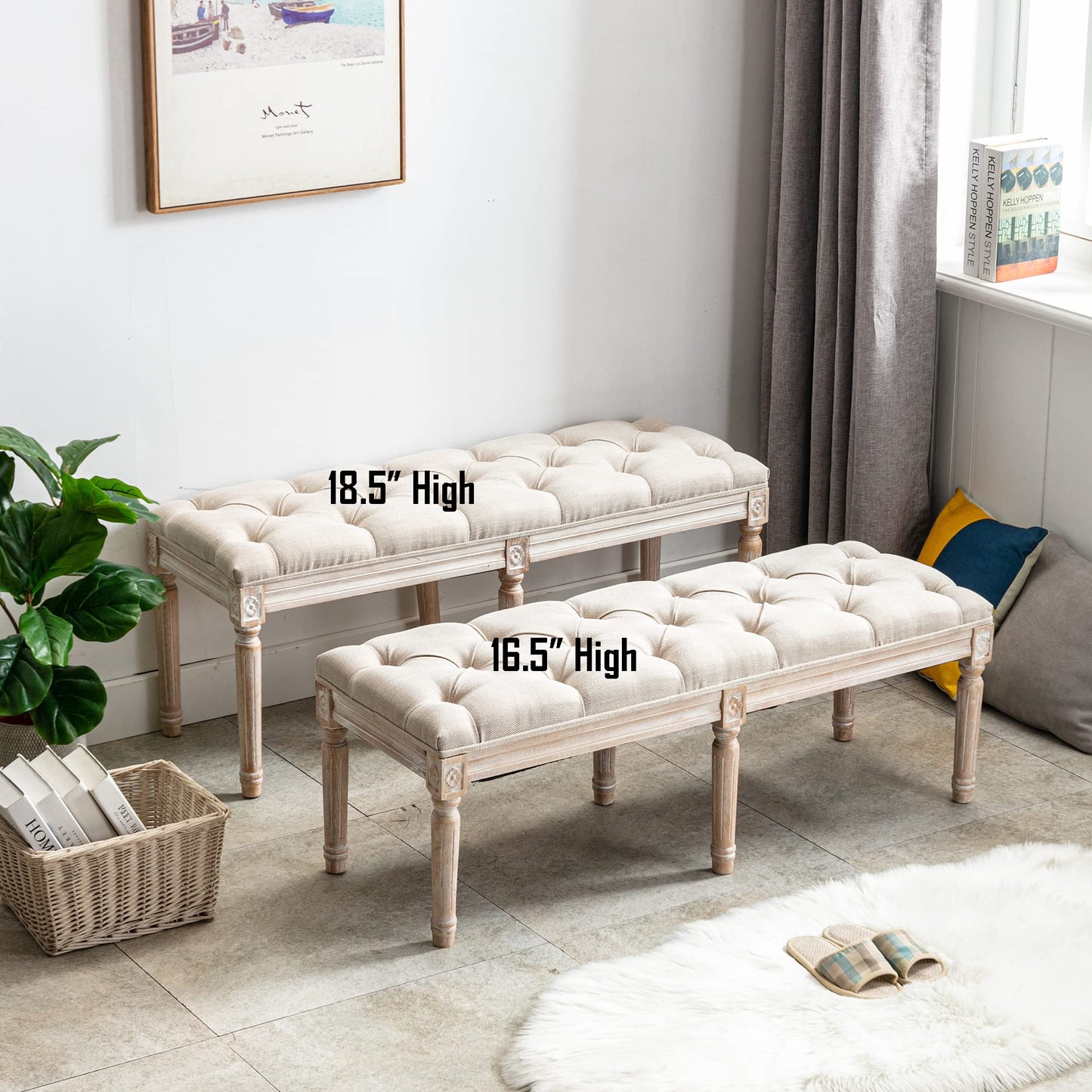 DM Furniture Tufted Dining Bench French Vintage Fabric Upholstered Wood Dining Room Bench Rustic Entryway Bench Bedroom End Bed Bench, Beige 48" Long