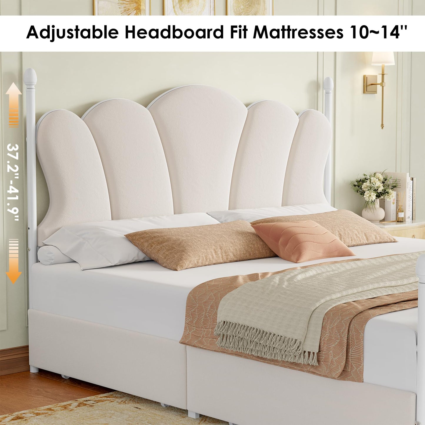 FOTOSOK Full Bed Frame, Full Size Bed Frame with Adjustable Headboard, Bed Frames Queen Size with 4 Large Storage Drawers, No Box Spring Needed, Noise Free, White