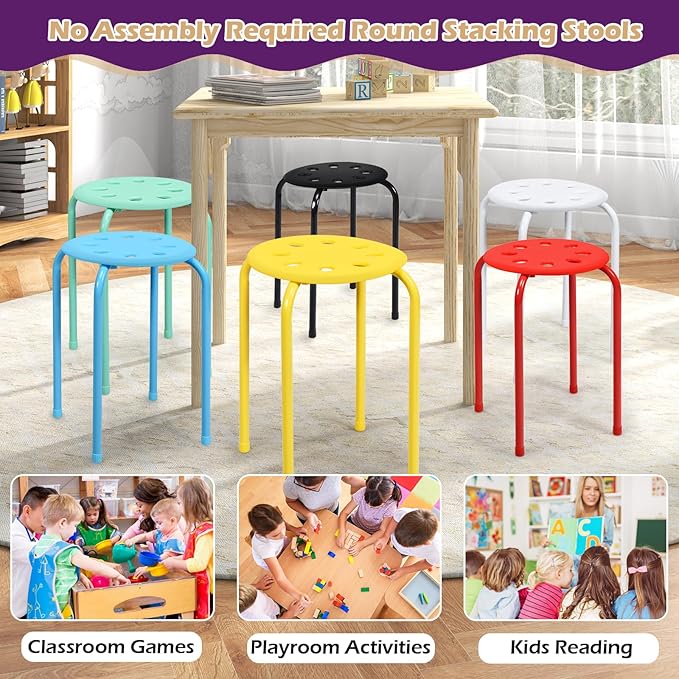 POWERSTONE Stackable Stools Set of 6, 17.5in Portable Stacking Bar Stool Colorful Classroom Stools with Iron Legs Round Nesting Chairs Flexible Seating for Home Office School