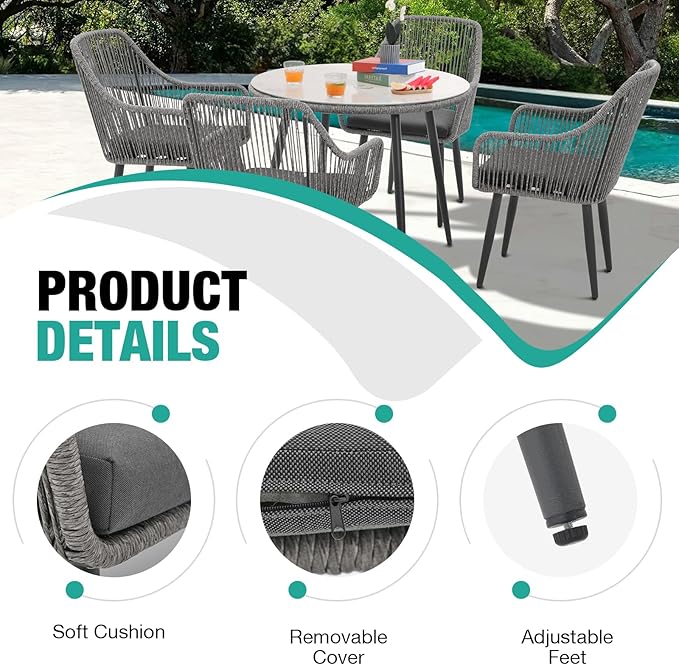 Patiorama Outdoor Dining Chairs, Patio Dining Chair Set of 6, All-Weather Woven Rope Rattan Chairs, Outdoor Dining Wicker Chairs with Armrests for Indoor Balcony Pool Backyard(Gray)