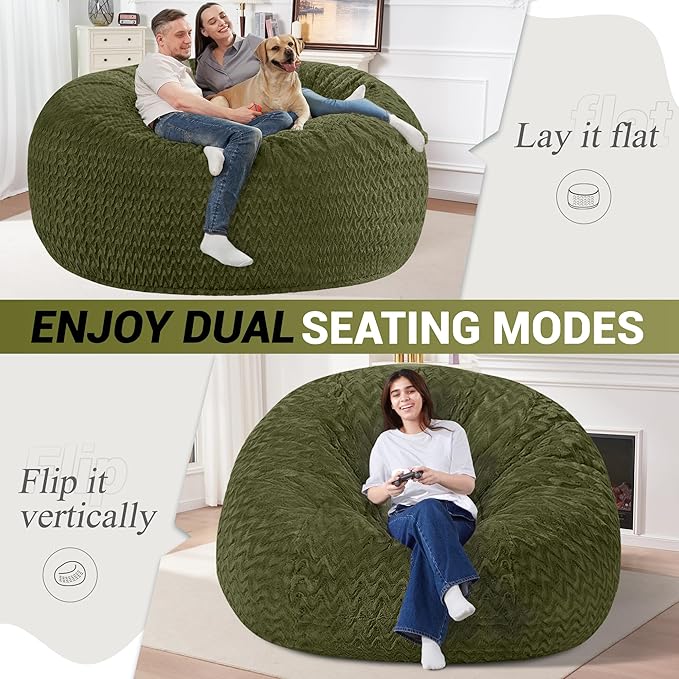 6FT Bean Bag Chair,Giant Bean Bag Chairs for Adults,Big Bean Bags with Memory Foam Filled, Large Beanbag Chairs with Chevron Plush Cover-Green