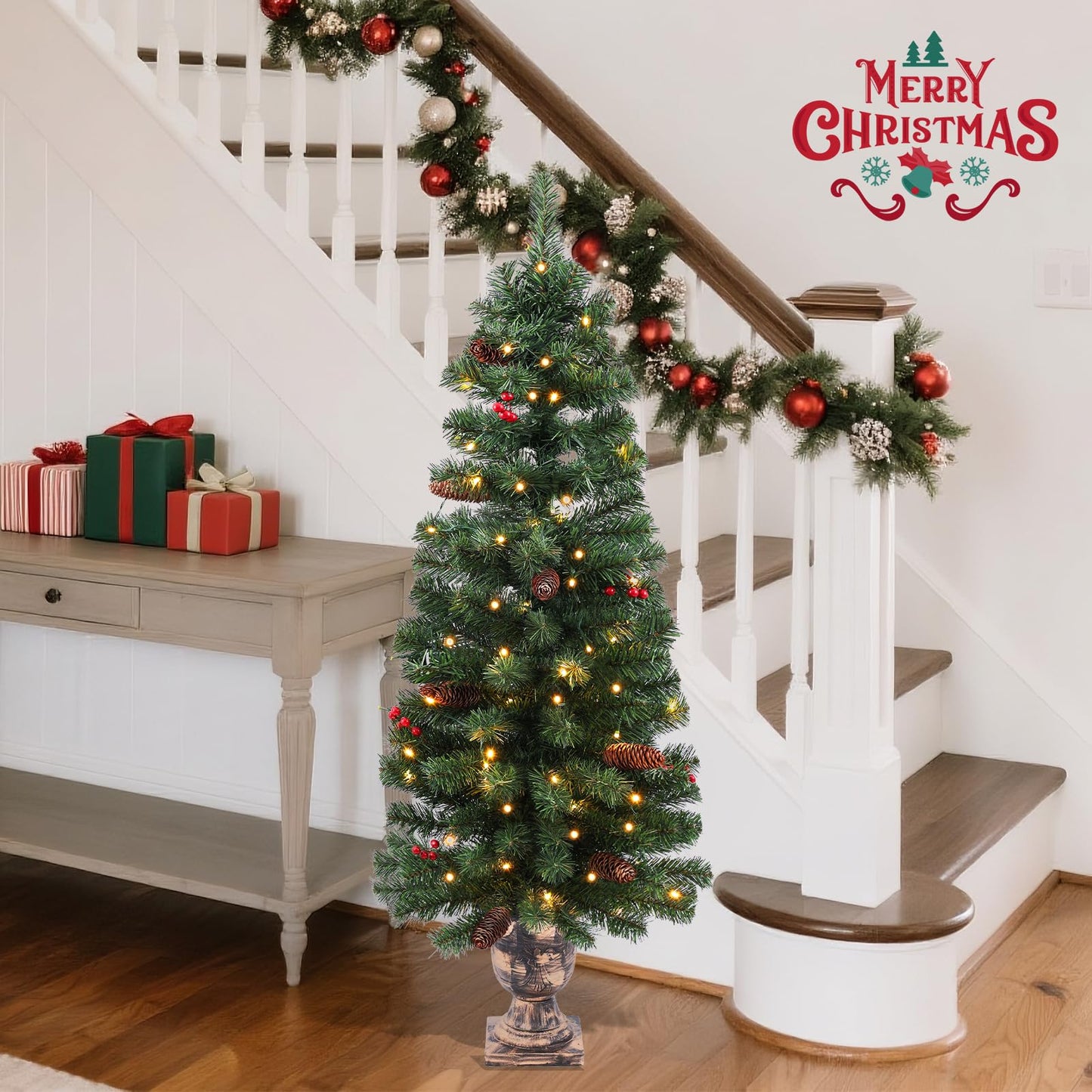 Santanelo 4FT Pre-lit Artificial Potted Christmas Tree with 50 LED Lights，Small Fake Spruce Tree,Xma Pine Cones Tree Decorated with 140 Branch Tips, Pine Cones&Red Berries, Plug in