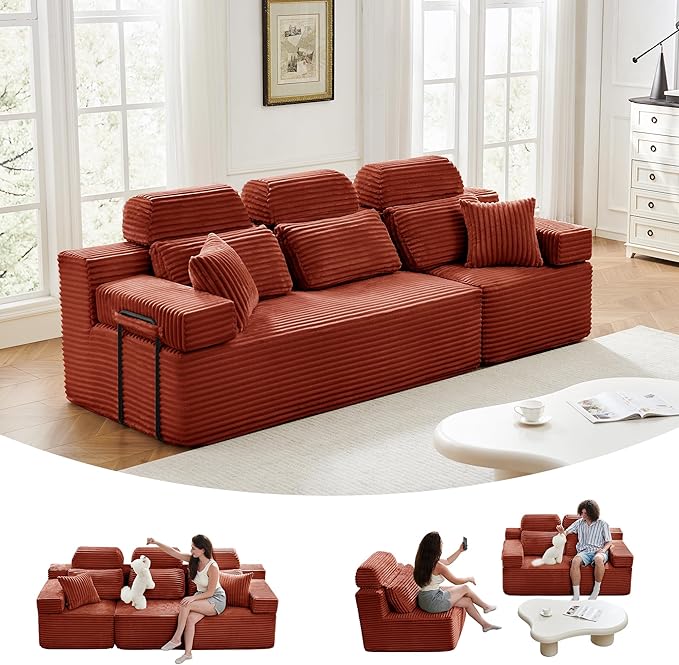 101" 3 Seater Sofa Cloud Modular Sectional Sofa with Chaise & Headrest, Boneless Deep Seat Plush Corduroy Couches for Large Living Room, No Assembly Required (Orange, 101" 3 Seater)