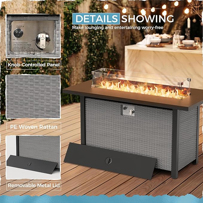 Crownland 8-Piece Outdoor Patio Furniture Sets with 45” Propane Gas Fire Pit Table, All-Weather Grey Wicker Rattan Sectional Sofa with Coffee Table(Dark Blue)