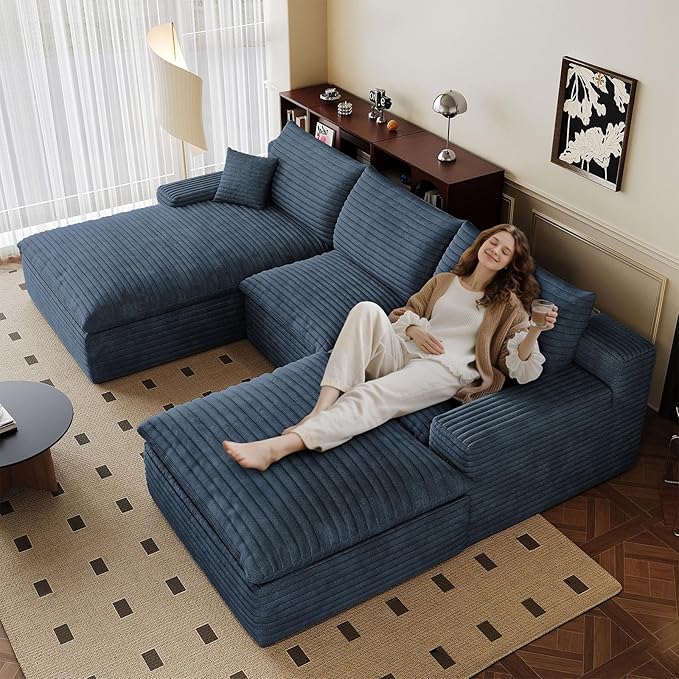 107" Cloud Sectional Couch U-Shaped Chaise with Ottoman, Corduroy Boneless Couch for Living Room Bedroom, Deep-Seat Upholstered Modular Cloud Sofa, No Assembly Required (Blue, Left Facing Chaise)
