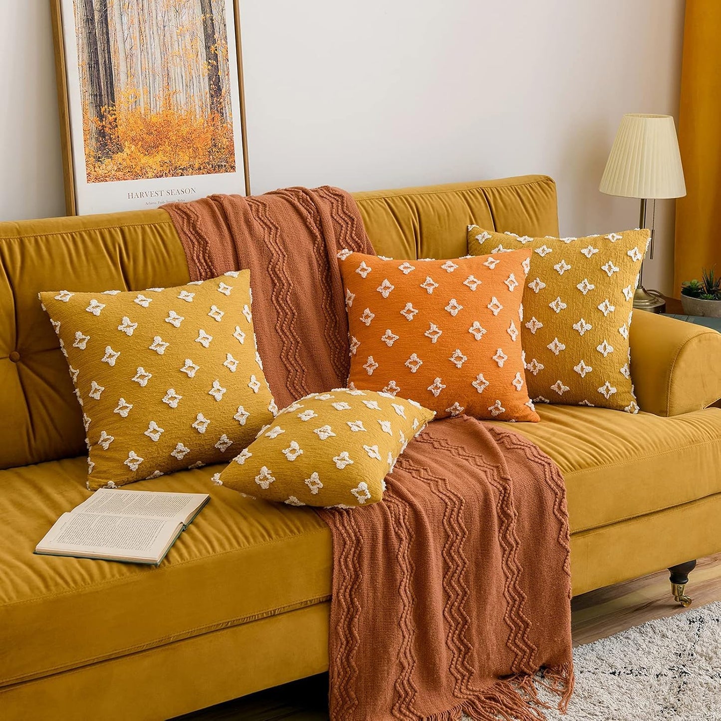 MIULEE Set of 2 Decorative Throw Pillow Covers Rhombic Jacquard Pillowcase Fall Soft Square Cushion Case for Couch Sofa Bed Bedroom Living Room, 20x20 Inch, Yellow