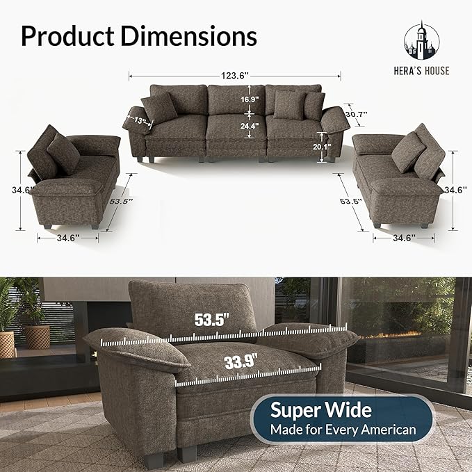 HERA'S HOUSE 3 Pieces Modular Sectional Sofa Sets, Oversized Couch Set with Loveseat and Armchairs, Comfy Cloud Couches with Throw Pillows, 5-Seater Deep Seat Sofa for Living Room, Chenille Ash