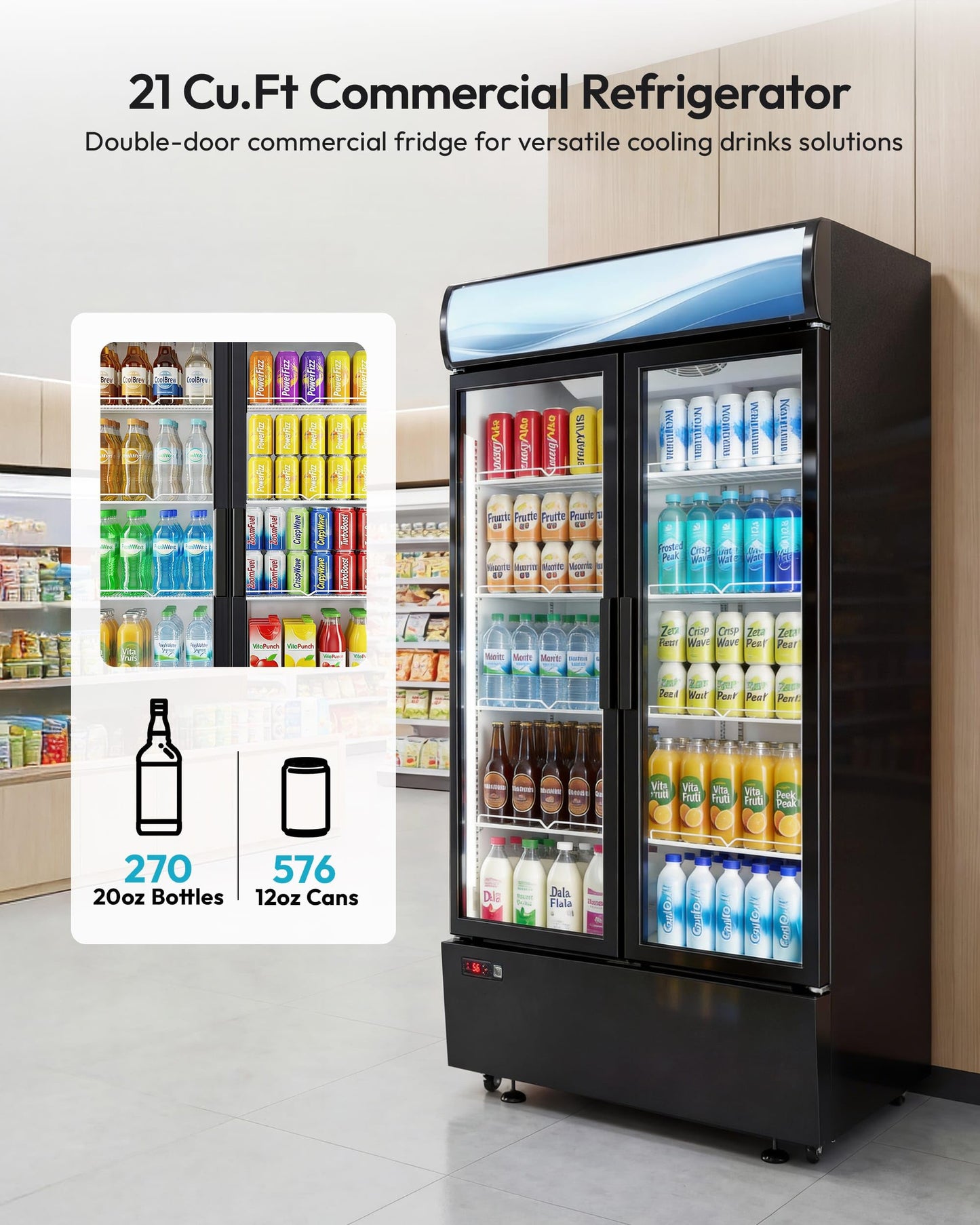 ICEVIVAL 21 cu.ft Commercial Refrigerators, Beverage Fridge with LED Light, 2 Glass Door Drink Merchandiser with 8 Adjustable Shelves, 32-50°F Digital Control ETL Certified Black