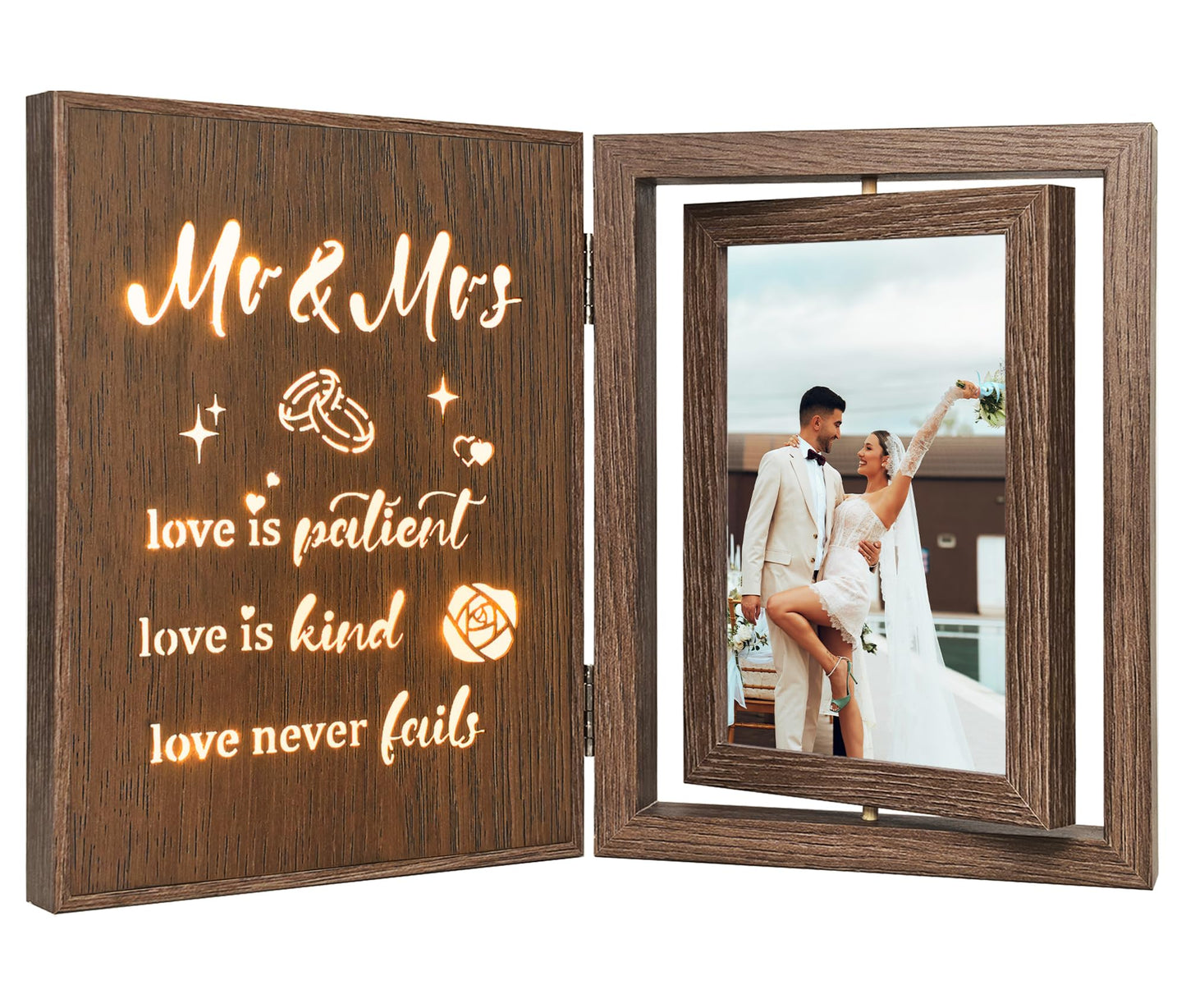 EYITUPC Light Up Wedding Picture Frame for Couples – Wooden Rotating Glowing 4x6 Double Photo Frame with MR & MRS Quote, Rustic Wedding Gifts for Newlyweds & Bridal Shower Gifts