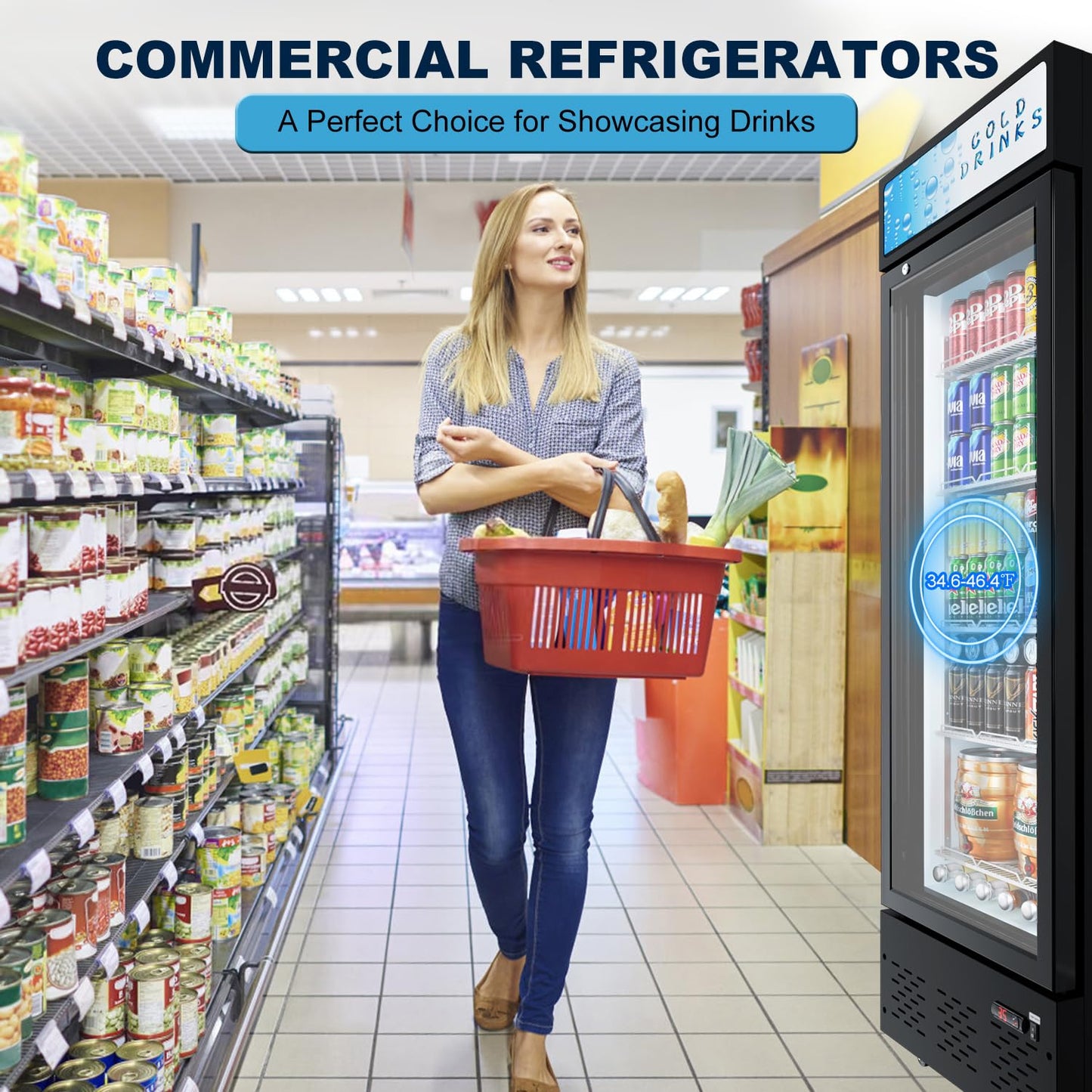 ECEVT 11 Cu.ft. Commercial Refrigerators Glass Door Beverage Refrigerators Commercial Fridge Upright Display Cooler with Soft LED Light and Adjustable Shelves for Restaurant Grocery Stores Home