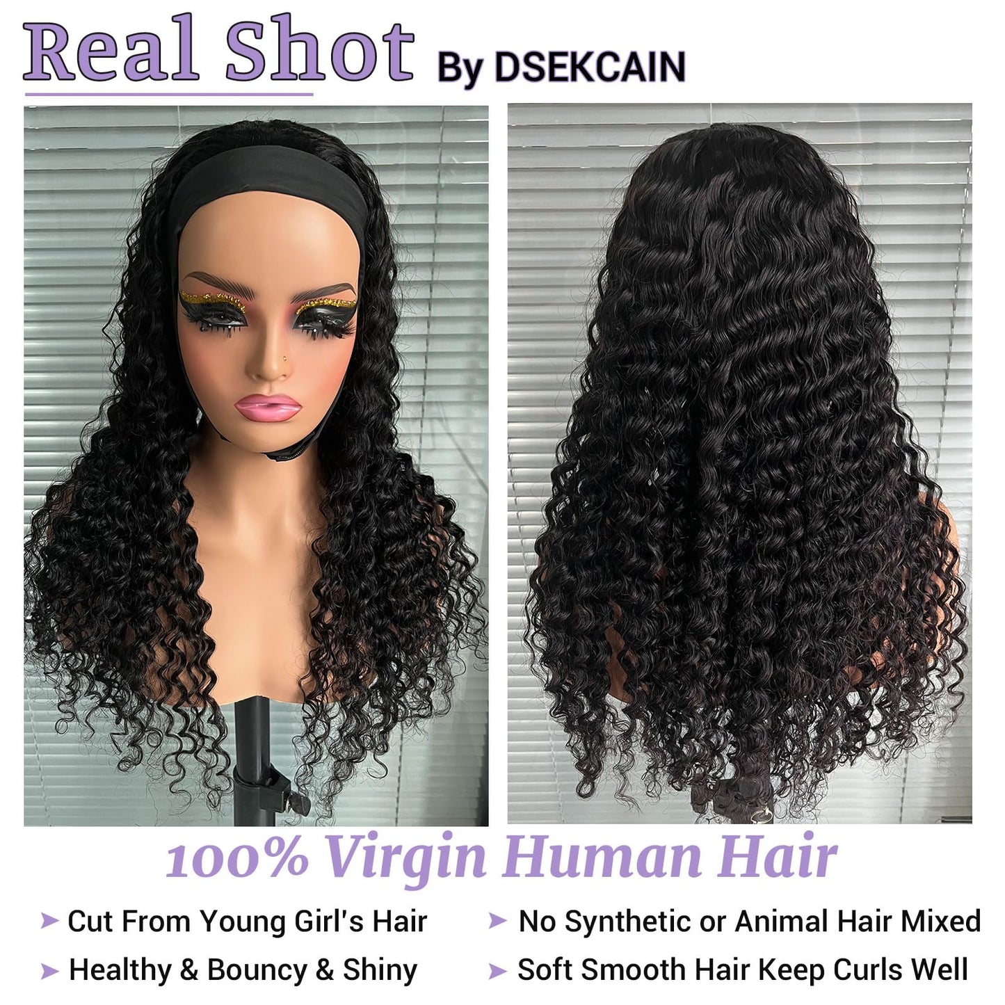 DSEKCAIN Deep Wave Headband Wig Human Hair 26 Inch 200 Density 100% Real Human Hair Deep Curly Headband Wig No Glue No Sew In Gl