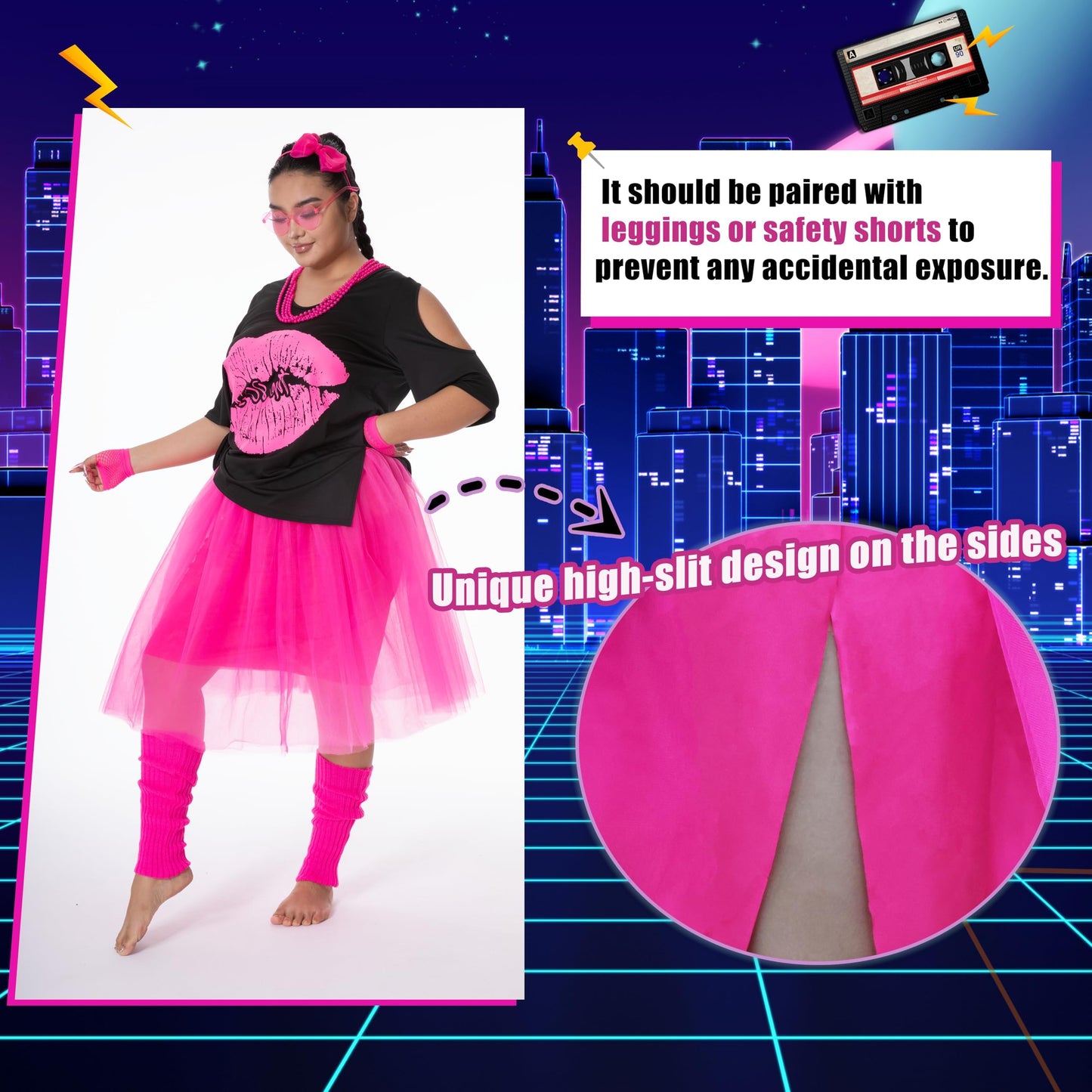 Yoody 80s Outfit for Women Plus Size 80s Costumes Oversized Shirts Tutu Set 12-14