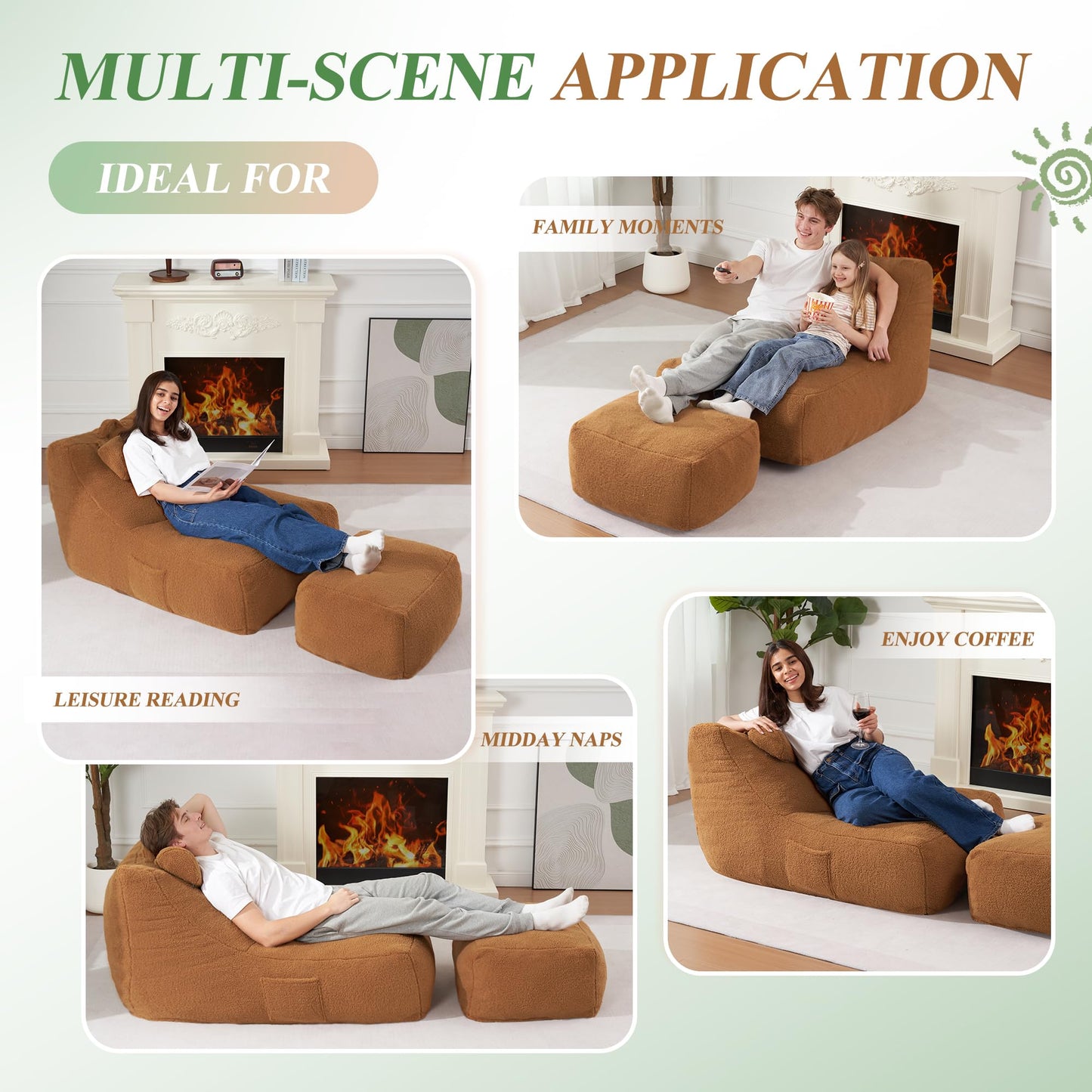 HABUTWAY Giant Bean Bag Chairs for Adults with Ottoman&Storage Pocket, Big BeanBag Chair Large Bean Bag Couch with Memory Foam Filled, Soft Faux Fur Bean Bag Sofa for Living Room(TEDDYBROWN)