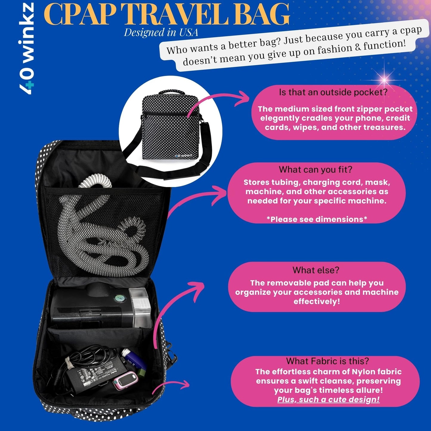 40Winkz USA CPAP Travel Bag, CPAP carry bag for various CPAP’s compatible with, Airsense 10, Airsense 11, Dreamstation & more. Attaches to luggage & travel compliant (Black white)