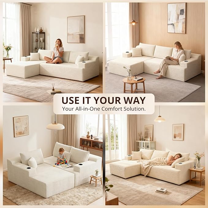 105" Cloud Sectional Couch with L-Shape Chaise, Modular Sectional Sofa with Deep Seat & 2 Cup Holders, Modern Corduroy Boneless Couches for Living Room, No Assembly Required, Left Facing Chaise, White | Pet Friendly, Flexible Layout
