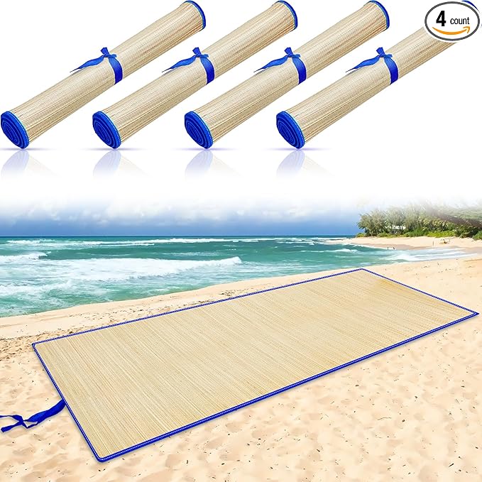 Qunclay 4 Packs Straw Beach Mat Waterproof Non Slip Straw Mat Foldable Lightweight Picnic Mat with Trim for Camping Sunbat...