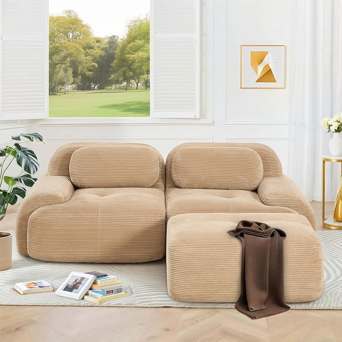 SoarFlash 81” Sectional Cloud Boneless Sofa Couches for Living Room-2 Seater L-Shaped Modern Lounge Couch-No Assembly Modular Corduroy Convertible Sponge Sleeper Sofas with Chaise for Home House,Camel