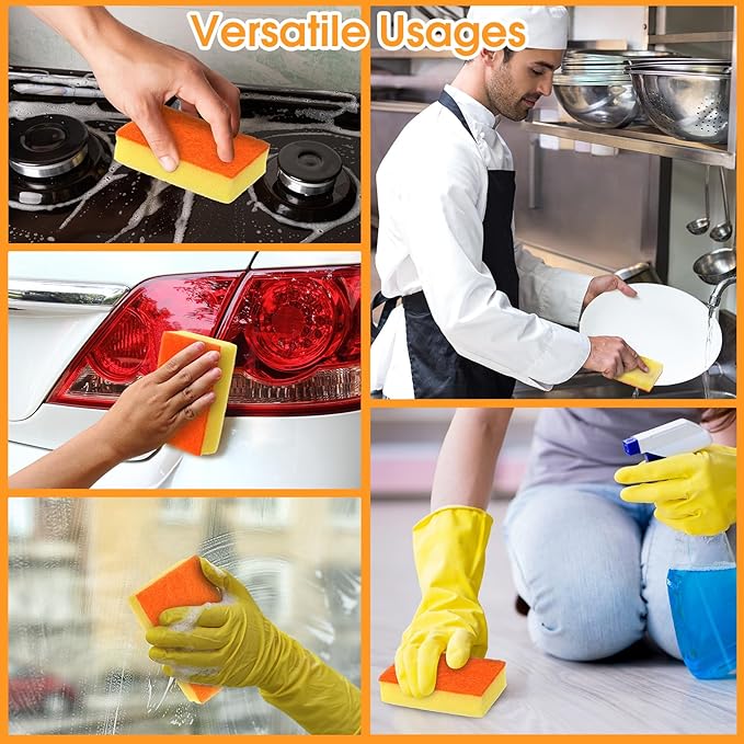 Tioncy 100 Pcs Individually Wrapped Sponges Kitchen Bulk Orange Dish Non Scratch Scrub Sponges Dual Sided Cleaning Dish Scrubber for Washing Dishes, Pots, Pans, Sinks, Stoves, Appliances, Car, Bike