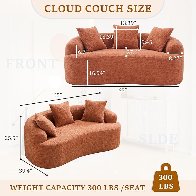 65'' Modern Curved Cloud Loveseat Sectional Sofa for Small Spaces, Luxury Plush Chenille Deep Seat Couch with 3 Pillows, No Assembly Needed Apartment Living Room Furniture, Black