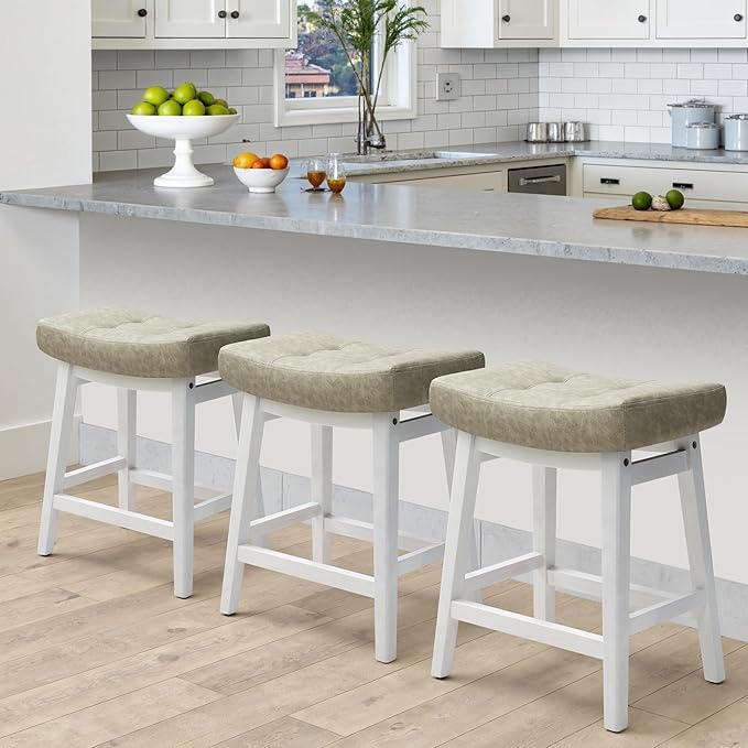 RNKSFX Counter Height Bar Stool Kitchen Counter Modern Backless Barstool with Upholstered Faux Leather Seat and Solid Wood Leg Farmhouse 24 inch Bar Chair, Light Grey + White, 1pc