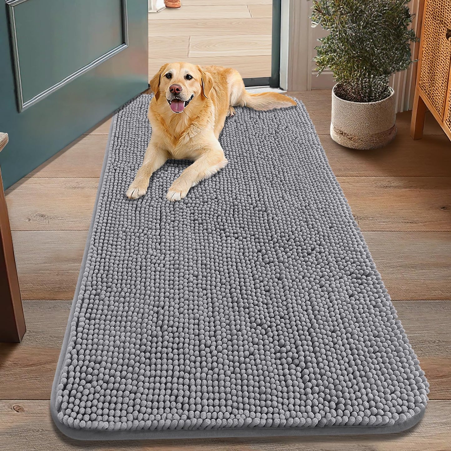 Smiry Dog Door Mat for Muddy Paws 48x30, Absorbs Moisture and Dirt Doormat, Non-Slip Washable Quick Dry Chenille Front Door Mat Indoor Entrance, Entryway Carpet for Inside Floor, Grey
