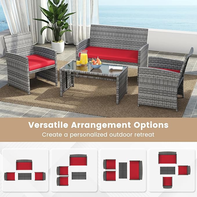Tangkula 4 Piece Patio Wicker Furniture Set, Outdoor Heavy Duty Rattan Cushioned Chairs, Loveseat and Tempered Glass Coffee Table, for Backyard, Balcony, Poolside