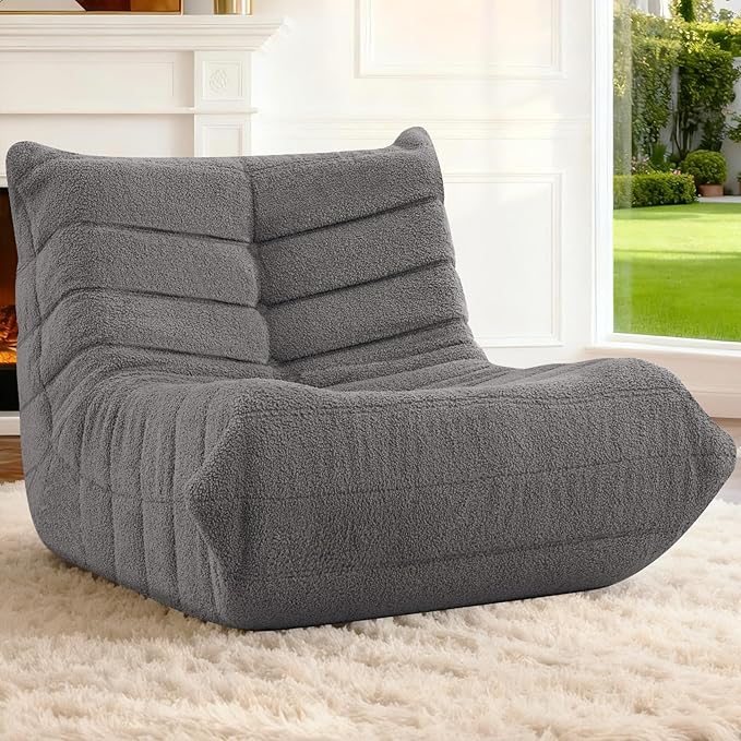 HABUTWAY Bean Bag Chairs Fireside Lazy Floor Sofa, Soft Teddy Fleece Bean Bag Sofa with High-Resilience Foam Filling，Beanbag for Living Room, Bedroom, Office (Dark Grey Teddy)