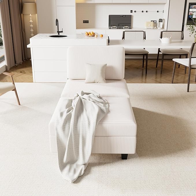 31" Convertible Modular Sleeper Sofa in Soft Corduroy with Attachable Storage Ottoman, 21" Deep Seat Cloud Couch Easy Assembly for Small Spaces Living Room Bedroom Office (White, 1 Seat + 1 Ottoman)