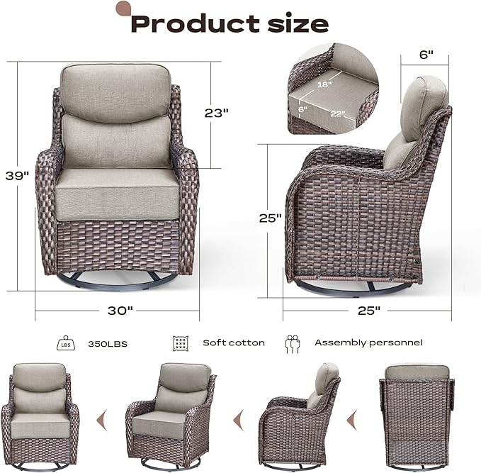 Rilyson Outdoor Swivel Rocker Chairs - All Weather Resistant Wicker Patio Furniture Set of 4 with High Back and 6 inch Thick Cushions for Deck Porch Yard and Poolside, Brown/Beige