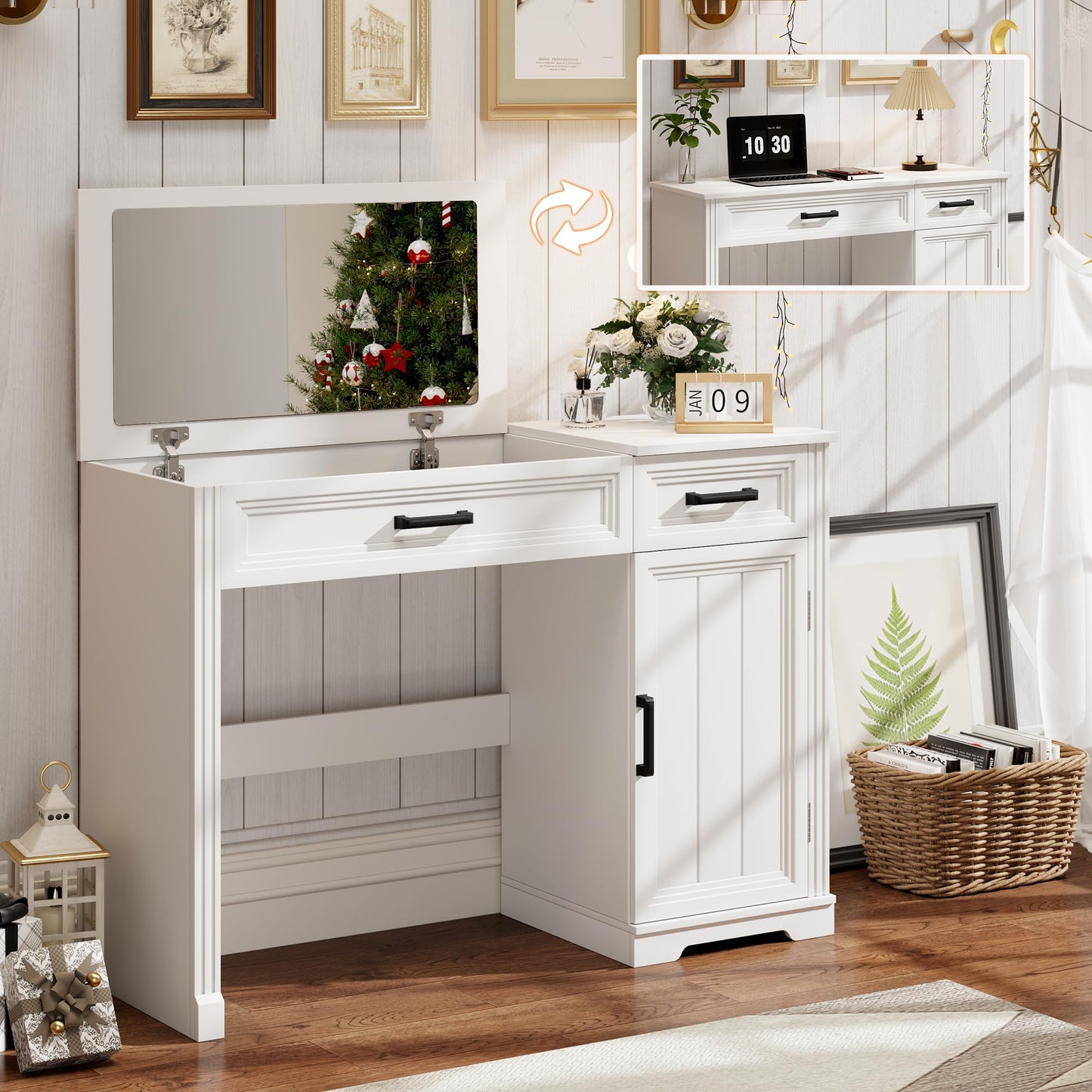 FOMNEY Farmhouse Vanity Desk with Flip Top Mirror, 43.3" W Makeup Vanity with Drawers, Storage Cabinet, Dressing Make Up Vanity Table for Bedroom, Wood Home Office Desk, Pure White