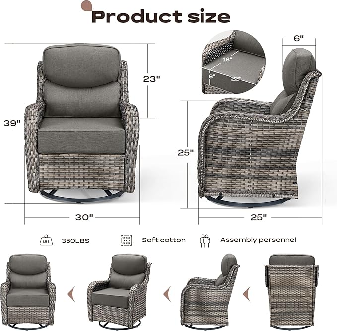Rilyson Outdoor Swivel Rocker Chairs - All Weather Resistant Wicker Patio Furniture Set of 2 with High Back and 6 inch Thick Cushions for Deck Porch Yard and Poolside, Mixed Grey/Grey