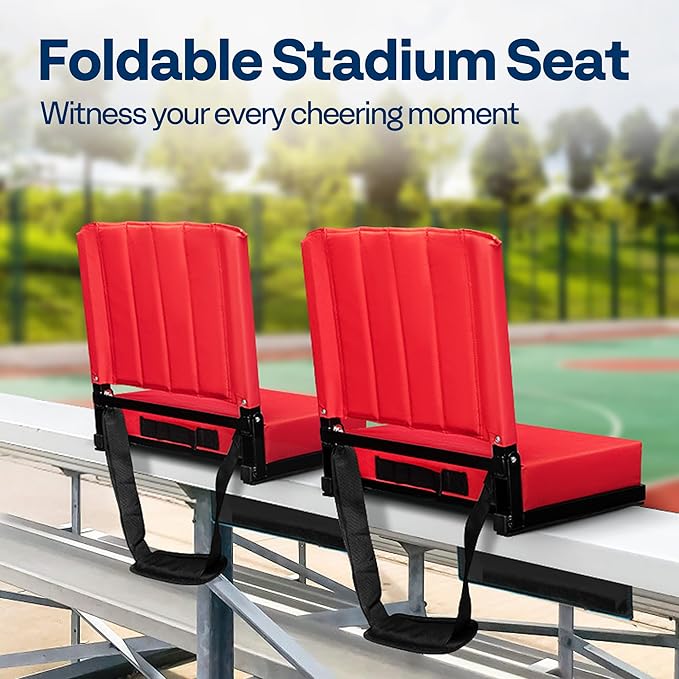 VIVOHOME 2 Pack Stadium Seats with Back Support and Cushion, Portable Bleacher Chair with Cup Holder and Shoulder Strap Red