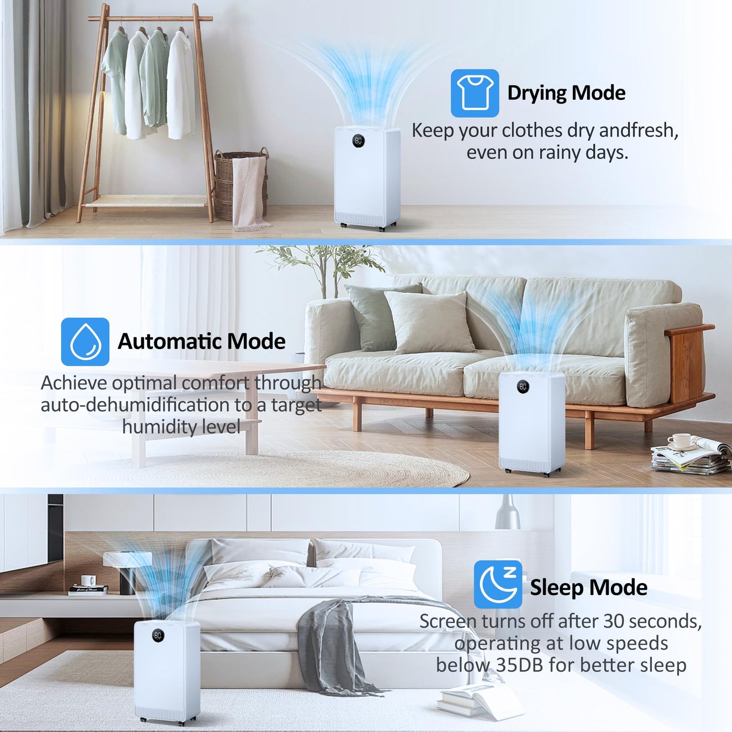 Kol Air 2500 Sq.Ft Dehumidifier with Drain Hose for Basement and Home Large Bedroom Bathroom, 35 Pints Dehumidifiers with Auto Shut Off, Intelligent Humidity Control, Auto Defrost, 3 Modes, 24HR Timer