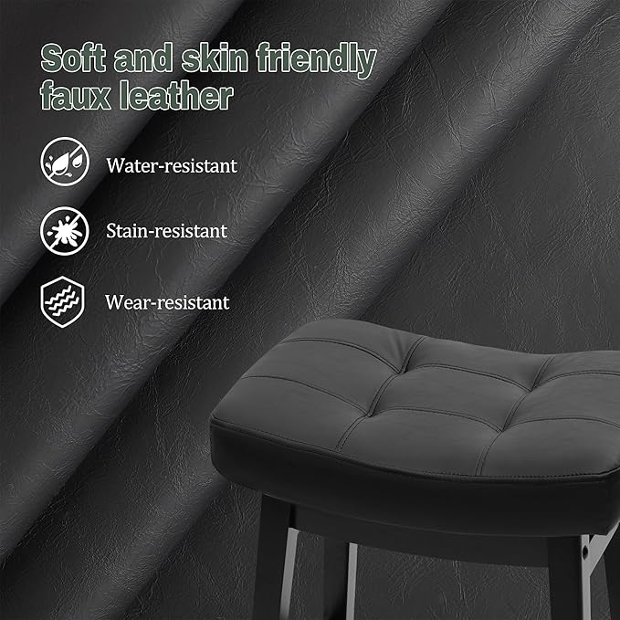 RNKSFX Counter Height Black Bar Stools Set of 3 for Kitchen Counter, Backless Farmhouse Kitchen Island Barstools with Upholstered Faux Leather Saddle Seat and Solid Wood Legs Modern 24 inch Bar Chairs